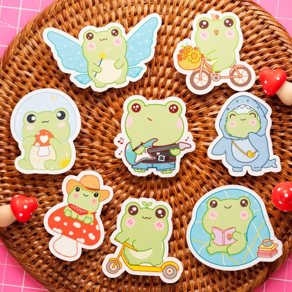 Frog sticker pack set 8, cute frog stickers, laptop stickers, Kawaii frog, space frog, mushroom frog, cowboy frog, rockstar, cute stickers