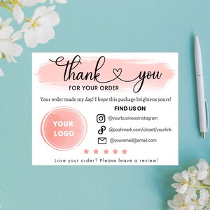 May include: Thank you card with a pink watercolor background and a handwritten thank you message. The card also includes a space for a logo, social media handles, and a review request.