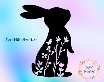 SVG Spring Rabbit - Easter Bunny Flowers - Floral bunny SVG PNG Files - Easter, spring - Spring flowers - Rabbit Easter - Cricut, Sihouette