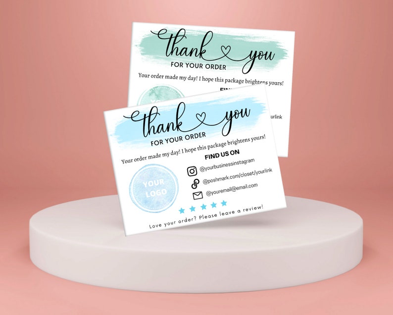 May include: Thank you card with a blue and green watercolor background. The card says "Thank you for your order" and includes a logo placeholder, social media icons, and a review request.