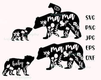Mama Bear svg bundle, Bear Family svg, Floral Bear Family svg, Floral mama bear svg, mama bear  Silhouette bundle svg, Cricut mama bear