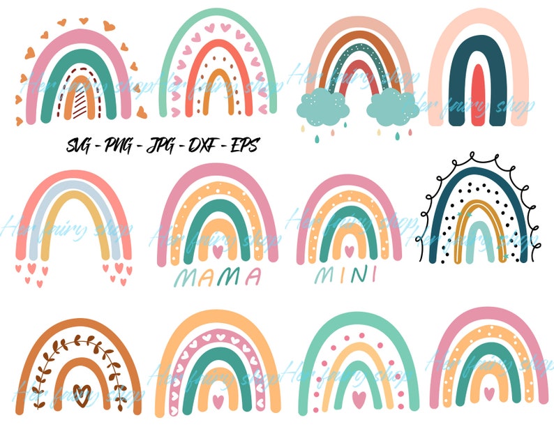 Op de afbeelding: Set van tien kleurrijke regenboogillustraties met verschillende patronen en ontwerpen. Sommige regenbogen hebben tekst, waaronder "Mama" en "Mini".