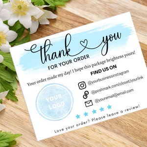 May include: Thank you for your order! A blue and white thank you card with a heart and the text "Thank you for your order" in cursive. The card also includes a logo placeholder, social media icons, and a request for a review.