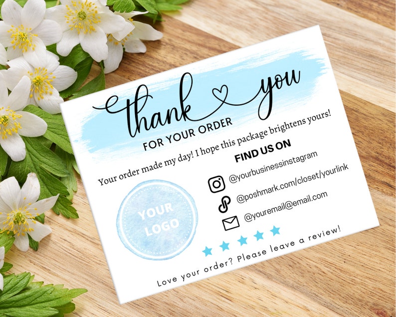 May include: Thank you for your order! A blue and white thank you card with a heart and the text "Thank you for your order" in cursive. The card also includes a logo placeholder, social media icons, and a request for a review.
