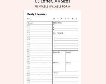 May include: A black and white printable daily planner with a half-hour schedule, to-do list, and sections for breakfast, lunch, dinner, and snacks. The planner also includes a notes section and a space for priorities.