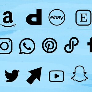 May include: A collection of social media logos in black on a light blue background. The logos include Amazon, Etsy, eBay, Facebook, Instagram, Pinterest, Snapchat, Twitter, WhatsApp, YouTube, and a generic logo for a website.