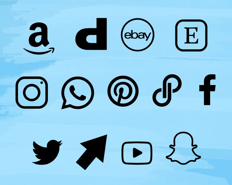May include: A collection of social media logos in black on a light blue background. The logos include Amazon, Etsy, eBay, Facebook, Instagram, Pinterest, Snapchat, Twitter, WhatsApp, YouTube, and a generic logo for a website.