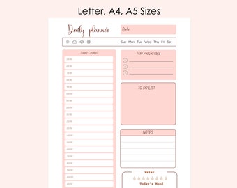 May include: A printable daily planner with sections for today's plans, top priorities, to do list, notes, water intake, and mood tracking. The planner is designed in pink and brown with a simple and modern aesthetic.