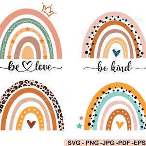 K&ouml;nnte beinhalten: Vier bunte Regenbogen-Designs mit verschiedenen Mustern und Farben. Jeder Regenbogen hat ein Herz in der Mitte und Text darunter. Der Text lautet "be love" und "be kind".