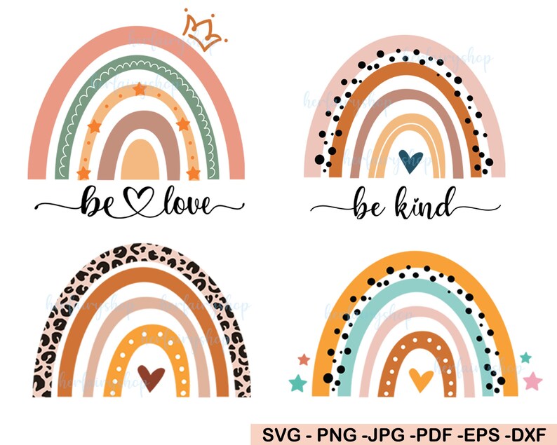 K&ouml;nnte beinhalten: Vier bunte Regenbogen-Designs mit verschiedenen Mustern und Farben. Jeder Regenbogen hat ein Herz in der Mitte und Text darunter. Der Text lautet "be love" und "be kind".