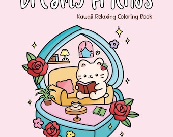 Peut inclure: Un livre de coloriage intitulé "Dreamy Friends" avec un chat kawaii lisant un livre sur un canapé jaune à l'intérieur d'une boîte en forme de cœur bleue. La couverture présente le texte "Kawaii Relaxing Coloring Book" et est décorée de roses et d'étoiles.