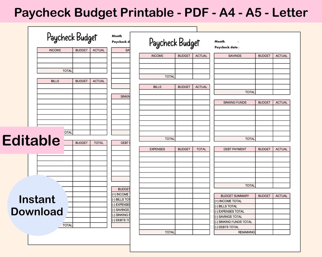 Paycheck Budget Printable, Budget by Paycheck, Personal Budget, Monthly ...