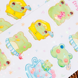 Feuille d'autocollants grenouille holographique, autocollant déco, papeterie Kawaii, autocollants esthétiques, bullet journal, planificateur, ordinateur portable, bouteille d'eau