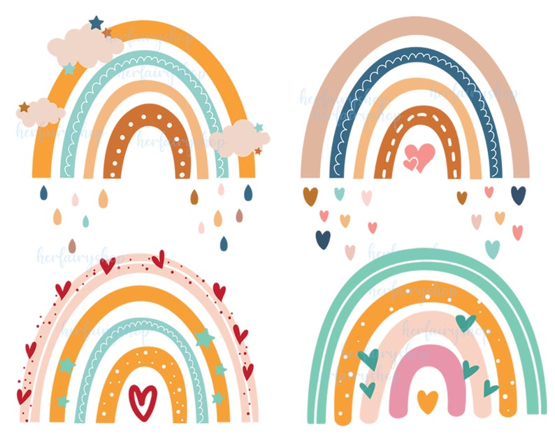 K&ouml;nnte beinhalten: Satz mit vier Regenbogen-Illustrationen mit verschiedenen Farben und Mustern. Jeder Regenbogen hat ein einzigartiges Design mit Herzen, Sternen und Punkten. Die Regenb&ouml;gen sind in verschiedenen Farbt&ouml;nen von Orange, Gelb, Blau, Gr&uuml;n, Rosa und Braun.
