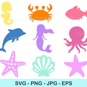 May include: A set of ten colorful SVG cut files featuring various sea creatures and ocean-themed elements. The set includes a yellow seahorse, orange crab, pink fish, purple octopus, blue dolphin, purple starfish, green seashell, and pink starfish.