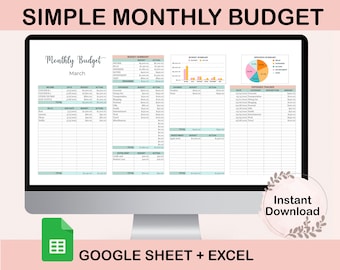 May include: A digital budget planner template for March, displayed on a computer screen. The template includes sections for income, expenses, savings, and a spending summary. The template is available for download in Google Sheets and Excel formats.