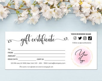ADD LOGO, Editable Gift Voucher 8.5x3.5, Modern Gift Card, DIY Shop Coupon, Minimalist, Printable Gift Card, Heart Gift Certificate Template