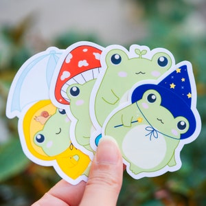 Frog sticker pack, cute frog stickers, laptop stickers, frog sticker, skate frog, widzard frog, mushroom frog, raincoat frog, Kawaii sticker