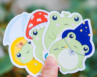 Frog sticker pack, cute frog stickers, laptop stickers, frog sticker, skate frog, widzard frog, mushroom frog, raincoat frog, Kawaii sticker