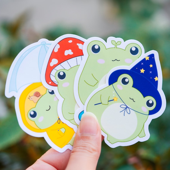 Frog sticker pack, cute frog stickers, laptop stickers, frog sticker, skate frog, widzard frog, mushroom frog, raincoat frog, Kawaii sticker