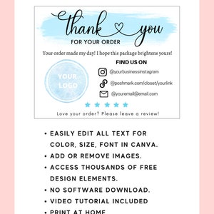 May include: A thank you card template with a light blue watercolor background. The text "thank you" is written in black cursive font with a heart symbol. The card includes instructions for editing the template in Canva, adding or removing images, and accessing thousands of free design elements. The card also includes a space for a logo and social media handles.
