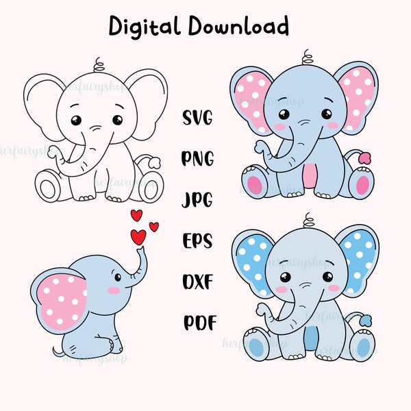 Baby Elephant SVG, Cute Elephant, Baby Boy, baby girl cut file, Elephant Baby Shower, Baby Shirt, Bodysuit, Kawaii Animal Silhouette Cricut