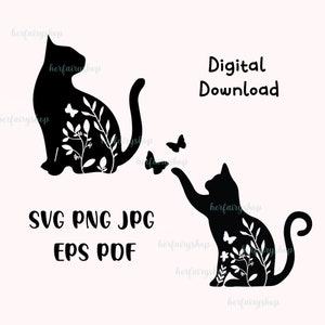 Floral Cat SVG, Cat SVG-bestanden voor de Silhouette Cameo & Cricut.Floral Animal, Floral Cat Silhouet SVG, Kat met bloem, Wildflower Cat Clipart