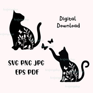 Florale Katze SVG, Katze SVG-Dateien für Silhouette Cameo & Cricut.Floral Animal,Floral Katze Silhouette SVG, Katze mit Blume, Wildflower Cat Clipart