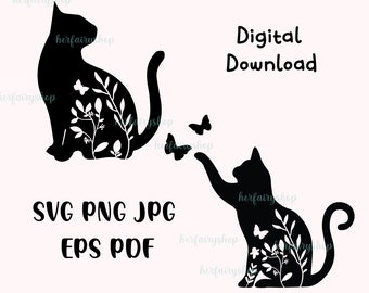 Floral Cat SVG, Cat SVG Files for Silhouette Cameo & Cricut.Floral Animal,Floral Cat Silhouette SVG, Cat With Flower, Wildflower Cat Clipart