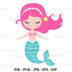 May include: A cartoon illustration of a mermaid with pink hair, a turquoise tail, and a seashell crown. The mermaid has her eyes closed and is smiling.