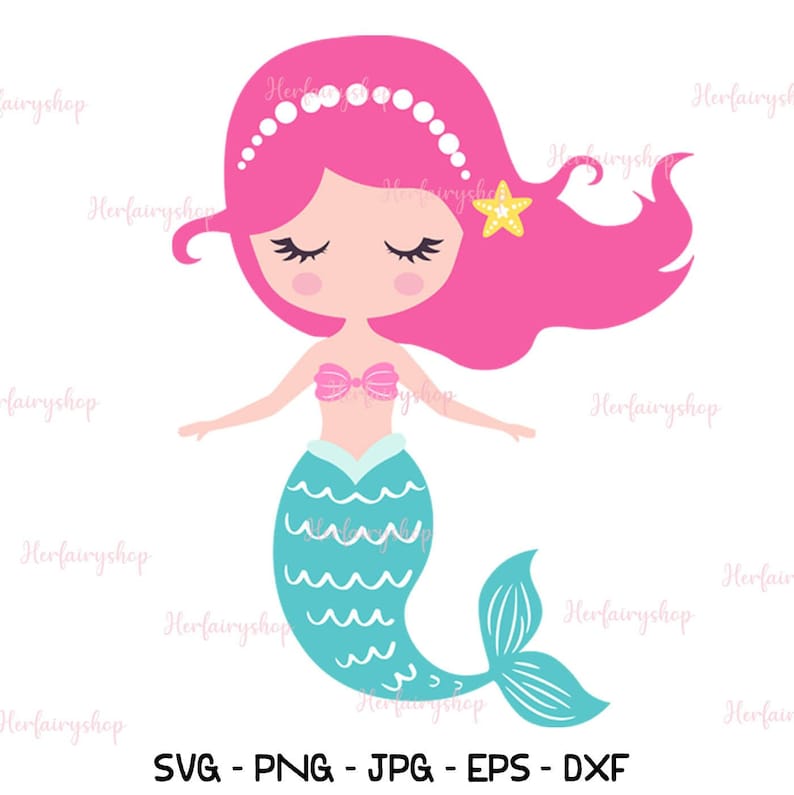 May include: A cartoon illustration of a mermaid with pink hair, a turquoise tail, and a seashell crown. The mermaid has her eyes closed and is smiling.