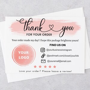 May include: Thank you card with a pink watercolor background and the text "thank you" in cursive. The card also includes a logo placeholder, social media icons, and the text "Find us on".