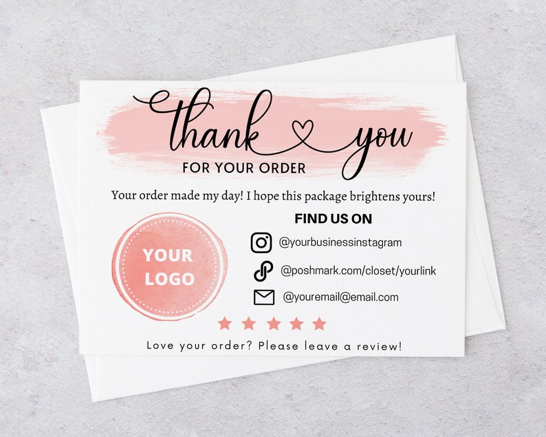 May include: Thank you card with a pink watercolor background and the text "thank you" in cursive. The card also includes a logo placeholder, social media icons, and the text "Find us on".