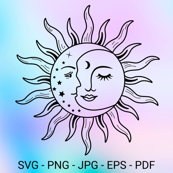 Soleil céleste et lune svg, vintage Soleil SVG, Lune svg, soleil svg, Univers, Boho, Eclipse SVG, Silhouette, Cut File pour Cricut, png, eps