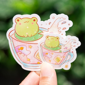 Holographic Frog Sticker - Vinyl Sticker - Kawaii Frog Sticker - Matte Sticker  - Tea frog - Laptop decal - Water bottle  Sticker