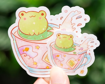 Holographic Frog Sticker - Vinyl Sticker - Kawaii Frog Sticker - Matte Sticker  - Tea frog - Laptop decal - Water bottle  Sticker