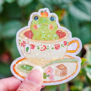 Frog Stickers | Holographic Tea Frog | Cute Froggy Laptop Sticker | Vinyl Sticker | Kawaii Sticker | Cute Sticker | die cut sticker