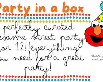 Custom Sesame Street Birthday Party in a Box: balloon arch, favors, plates, cake topper, themed party games, food signs, birthday banner