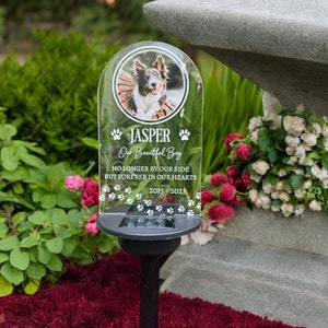 May include: A clear acrylic memorial garden stake with a photo of a dog named Jasper. The stake includes the text "JASPER Our Beautiful Boy NO LONGER BY OUR SIDE BUT FOREVER IN OUR HEARTS 2015-2023". The stake has a solar-powered light.