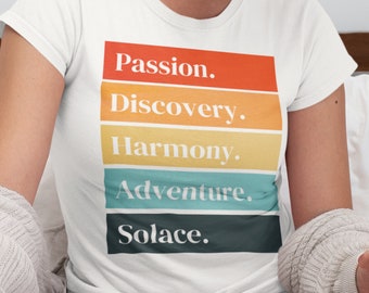 Positive Reflection T-shirt, tee shirt with positive yoga words, Passion, Discovery, Harmony, Adventure, Solace T-Shirt