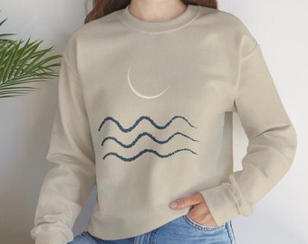 Nautical Ocean Waves Crescent Moon Minimalist Hoodie Miminal Moon Scene Boho Crescent Moon Waves Celestial Mystic Moon Crewneck Sweatshirt