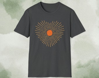 Discover Boho Chic Bliss with our Yellow Sunburst Vintage Heart Comfort Colors Tshirt - Oversized, Retro Vibes for Your Wardrobe!