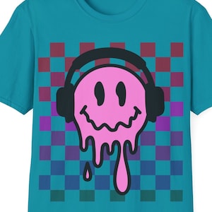Smiley Face with Headphones Sweatshirt, Melting DJ Smile Shirt Retro Happy Face Crewneck Trendy Checkered Sweatshirt image 1