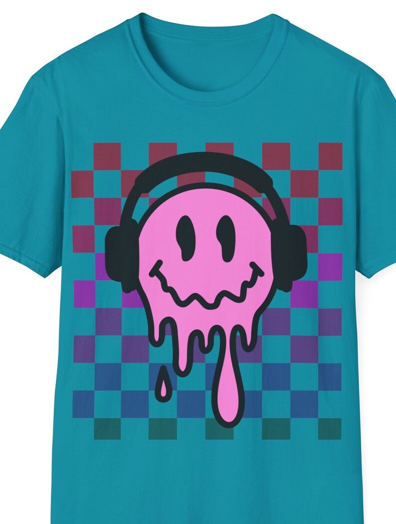 Smiley Face with Headphones Sweatshirt, Melting DJ Smile Shirt Retro Happy Face Crewneck Trendy Checkered Sweatshirt image 1