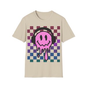 Smiley Face with Headphones Sweatshirt, Melting DJ Smile Shirt Retro Happy Face Crewneck Trendy Checkered Sweatshirt image 7