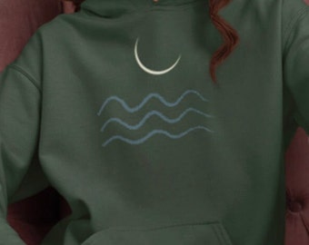 Nautical Ocean Waves Crescent Moon Minimalist Hoodie Miminal Moon Scene Boho Crescent Moon Waves Celestial Mystic Moon Hooded Sweatshirt