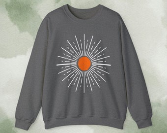 Discover Boho Chic Bliss with our Yellow Sunburst Vintage Heart Sweatshirt - Oversized, Retro Vibes for Your Wardrobe!