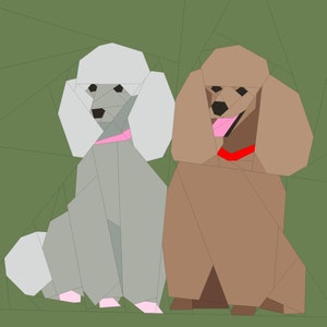 Puede incluir: Ilustración geométrica de dos caniches. Uno es gris con un collar rosa, el otro es marrón con un collar rojo. Ambos perros están sentados sobre un fondo verde. Los caniches tienen un diseño poligonal.