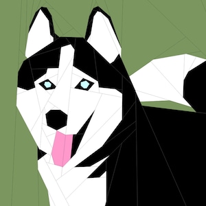 May include: A geometric illustration of a husky dog, featuring black and white colours, with blue eyes and a pink tongue sticking out. The dog is facing the viewer and has a green background.