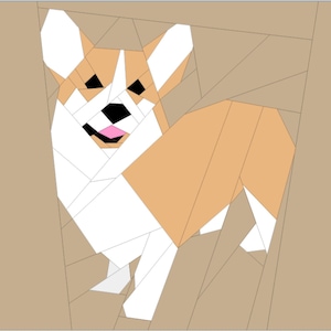 Op de afbeelding: Geometrische illustratie van een Corgi-hond in wit, beige, zwart en roze. De hond is afgebeeld in een gestileerd, hoekig ontwerp, met een glimlachende uitdrukking en zijn tong uitgestoken. De achtergrond is lichtbruin.